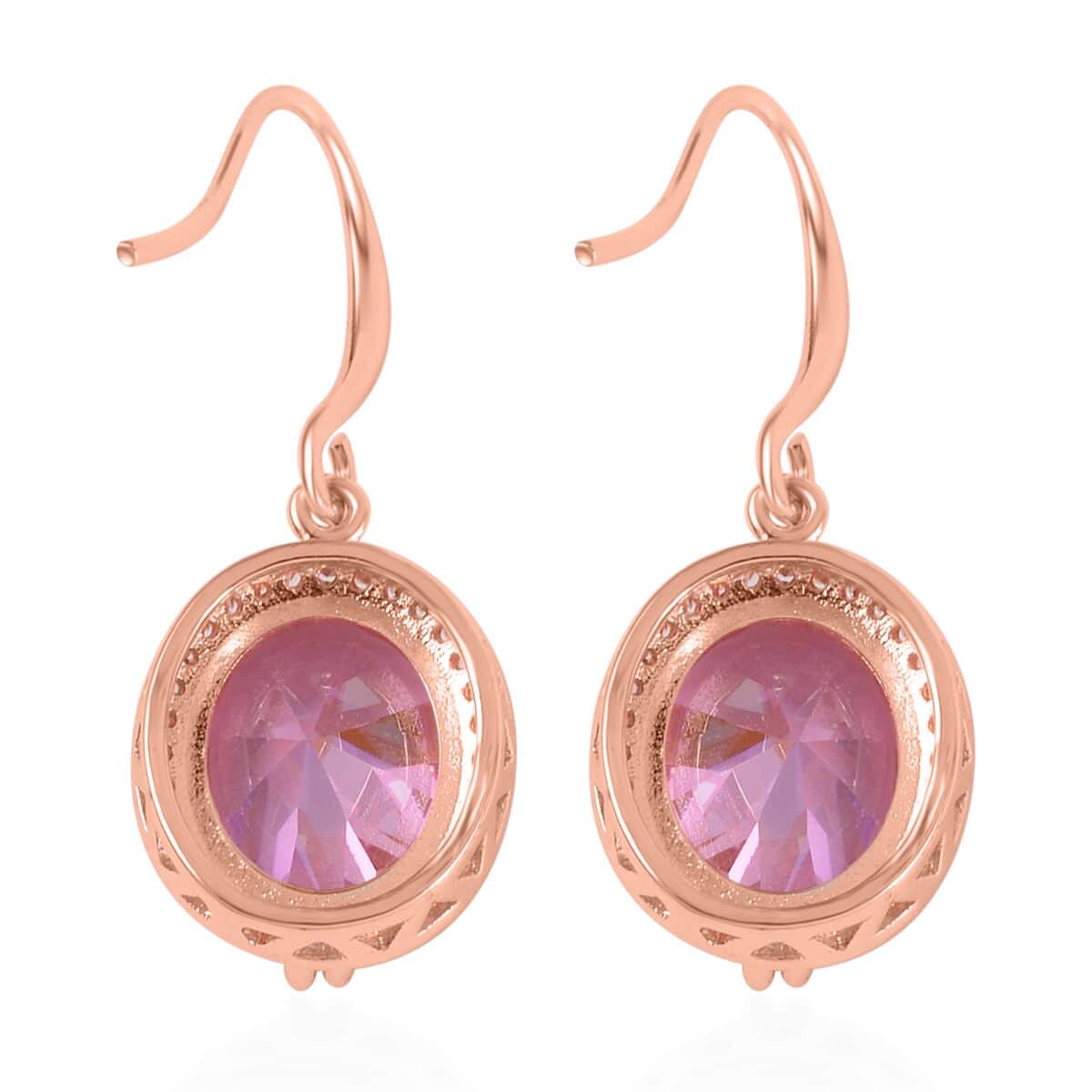 Simulated Pink and White Diamond Earrings, Halo Ring (Size 8.0) and Pendant Necklace in Rosetone 20-22 Inches image number 8