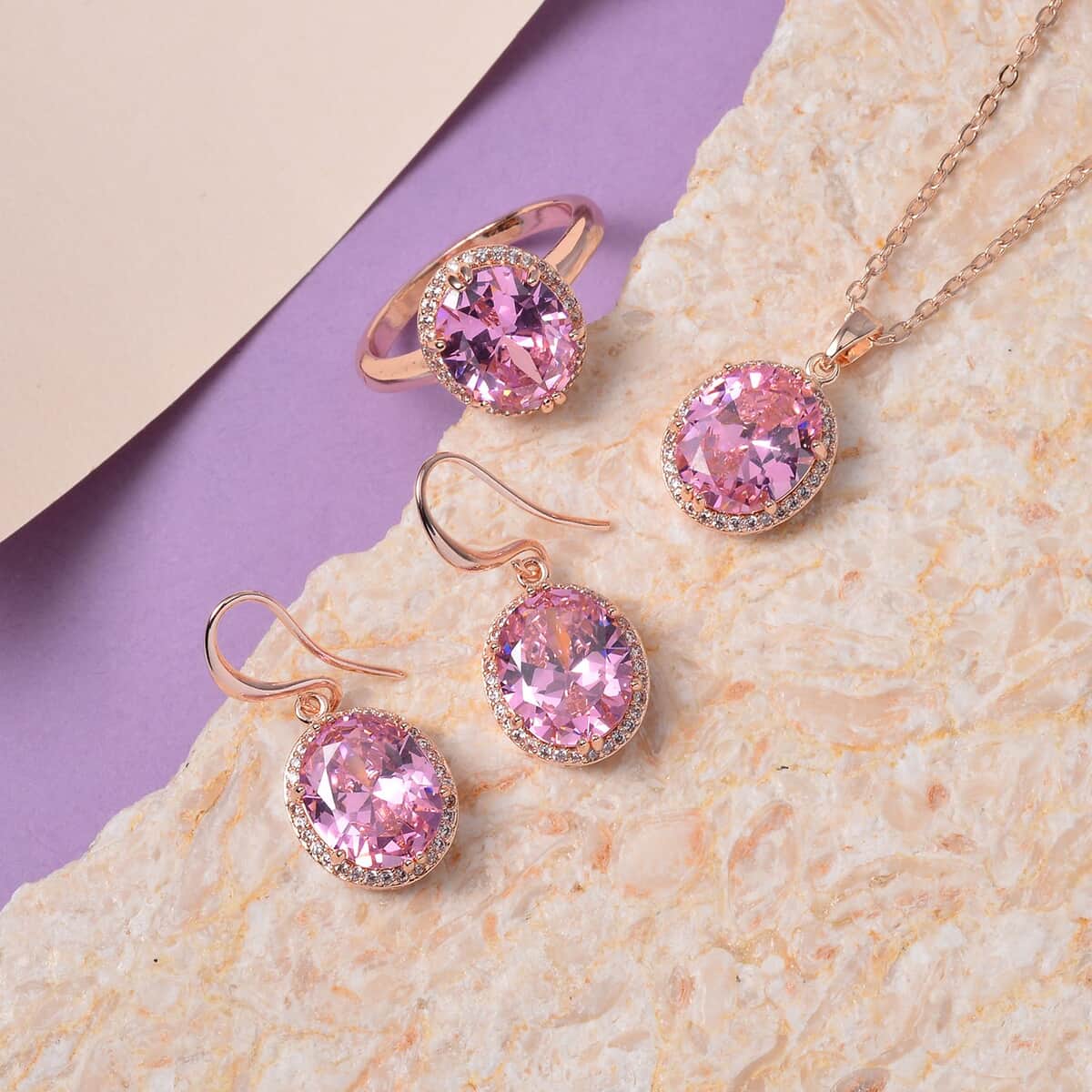 Simulated Pink and White Diamond Earrings, Halo Ring (Size 9.0) and Pendant Necklace in Rosetone 20-22 Inches image number 1