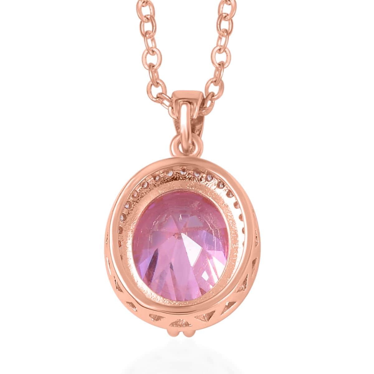 Simulated Pink and White Diamond Earrings, Halo Ring (Size 9.0) and Pendant Necklace in Rosetone 20-22 Inches image number 6