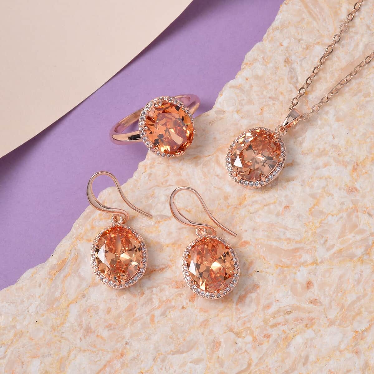 Simulated Champagne and White Diamond Earrings, Halo Ring (Size 6.0) and Pendant Necklace in Rosetone 20-22 Inches image number 1