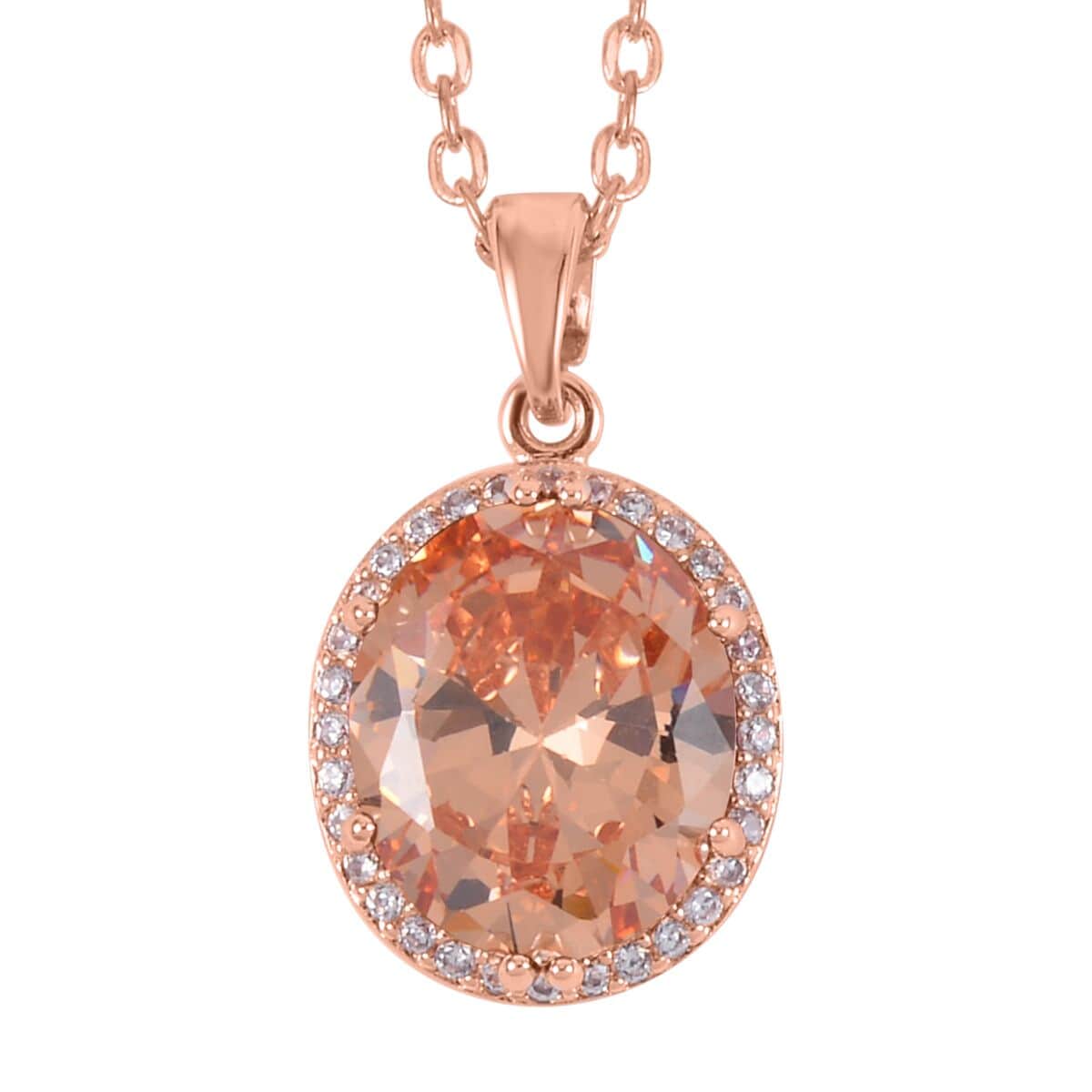 Simulated Champagne and White Diamond Earrings, Halo Ring (Size 6.0) and Pendant Necklace in Rosetone 20-22 Inches image number 5