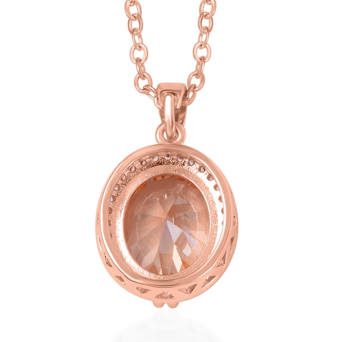 Simulated Champagne and White Diamond Earrings, Halo Ring (Size 7.0) and Pendant Necklace in Rosetone 20-22 Inches image number 7