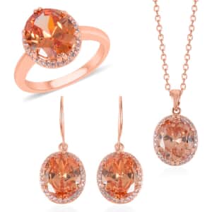 Simulated Champagne and White Diamond Earrings, Halo Ring (Size 8.0) and Pendant Necklace in Rosetone 20-22 Inches