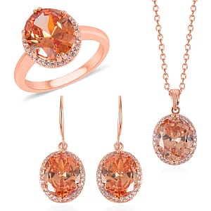 Simulated Champagne and White Diamond Earrings, Halo Ring (Size 9.0) and Pendant Necklace in Rosetone 20-22 Inches