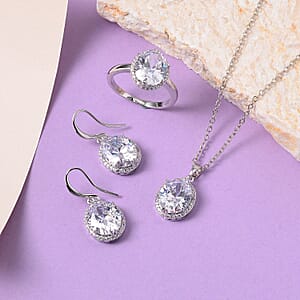 Simulated White Diamond Earrings, Halo Ring (Size 7.0) and Pendant Necklace in Silvertone 20-22 Inches