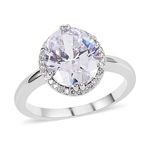 Simulated White Diamond Earrings, Halo Ring (Size 7.0) and Pendant Necklace in Silvertone 20-22 Inches