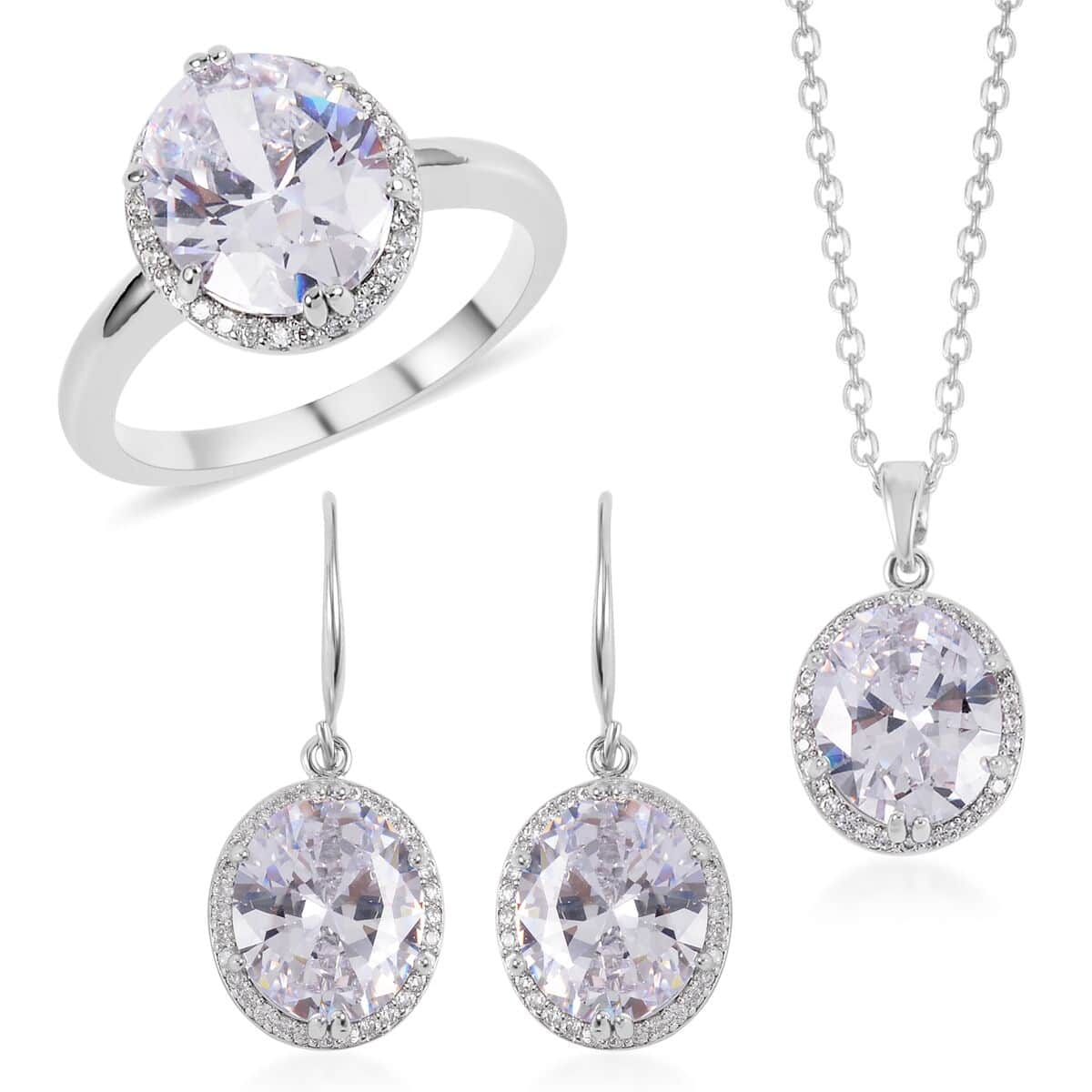 Simulated White Diamond Earrings, Halo Ring (Size 9.0) and Pendant Necklace in Silvertone 20-22 Inches image number 0