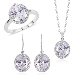 Simulated White Diamond Earrings, Halo Ring (Size 9.0) and Pendant Necklace in Silvertone 20-22 Inches