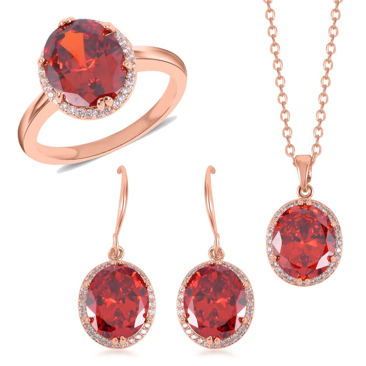 Simulated Red and White Diamond Earrings, Halo Ring (Size 6.0) and Pendant Necklace in Rosetone 20-22 Inches image number 0