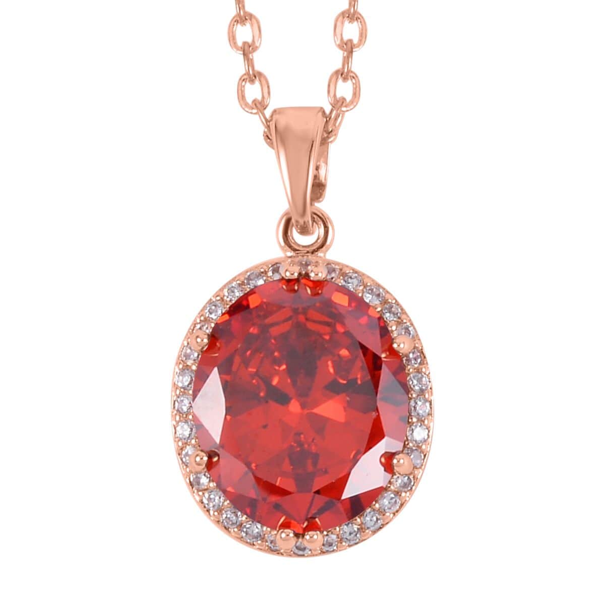 Simulated Red and White Diamond Earrings, Halo Ring (Size 6.0) and Pendant Necklace in Rosetone 20-22 Inches image number 5