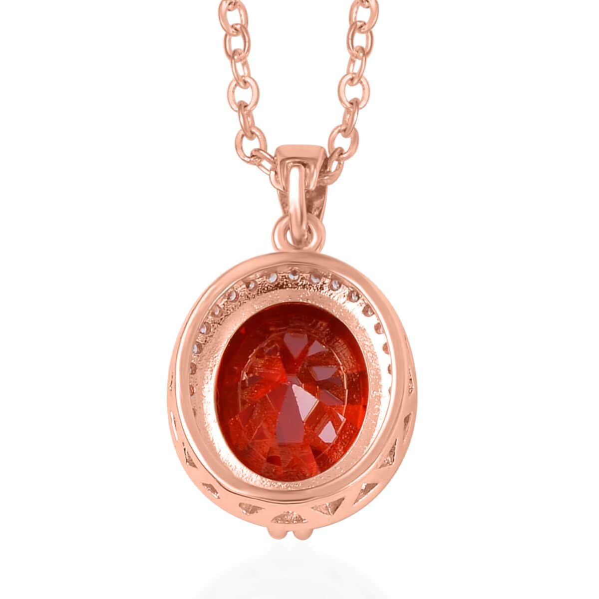 Simulated Red and White Diamond Earrings, Halo Ring (Size 6.0) and Pendant Necklace in Rosetone 20-22 Inches image number 7