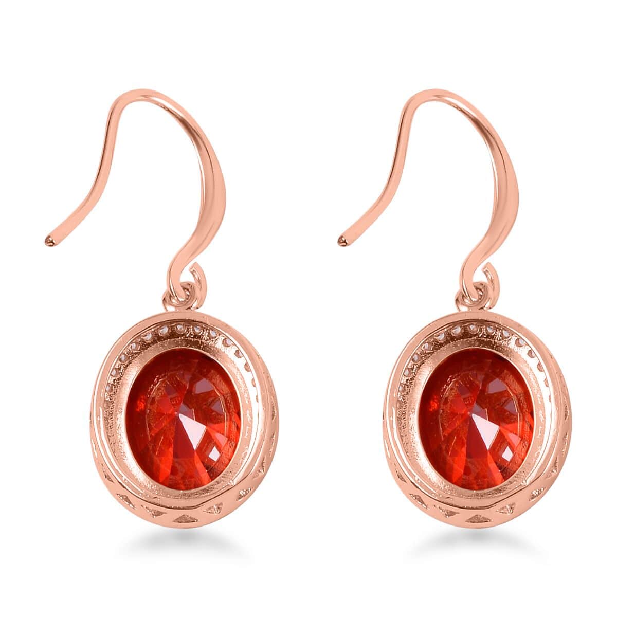 Simulated Red and White Diamond Earrings, Halo Ring (Size 6.0) and Pendant Necklace in Rosetone 20-22 Inches image number 9