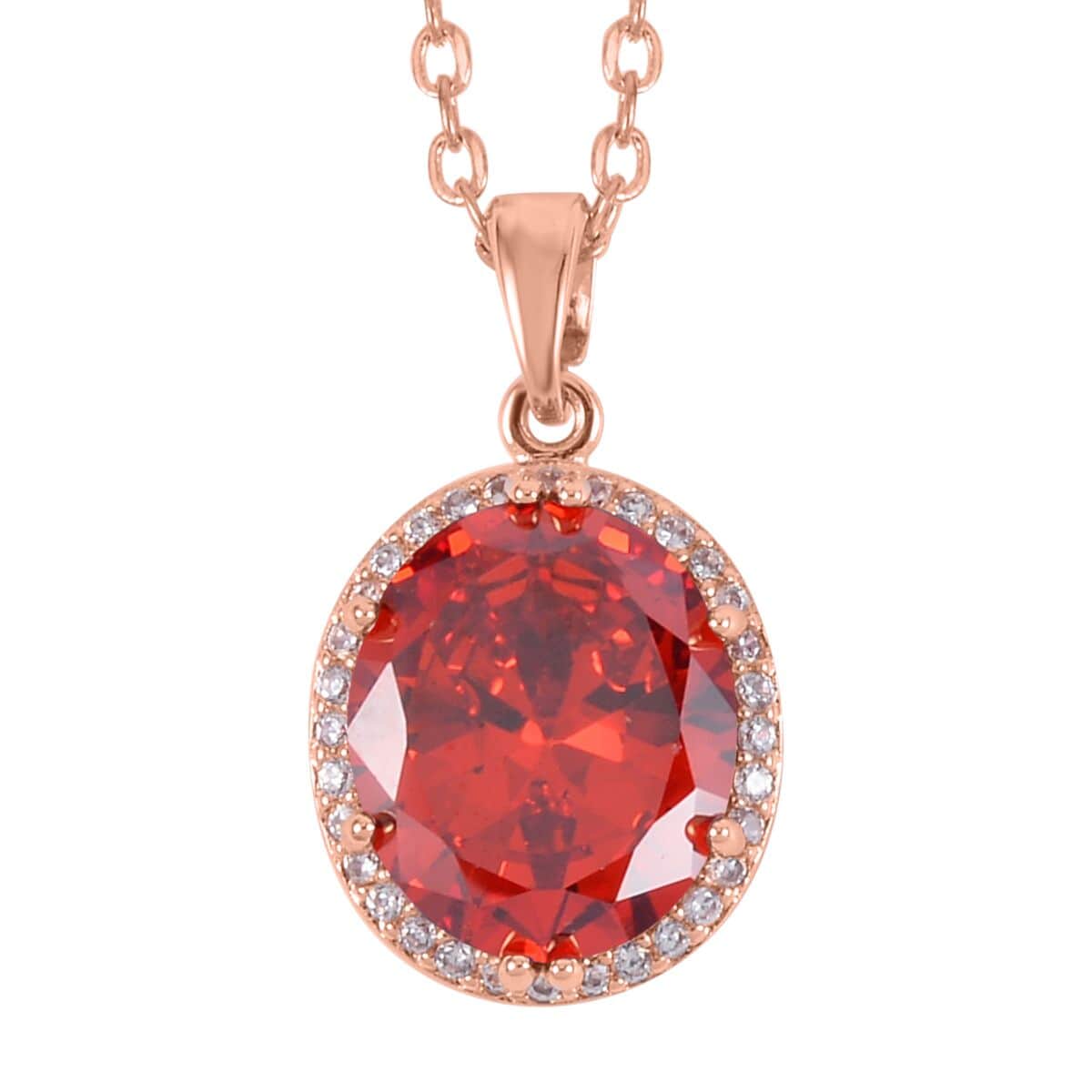 Simulated Red and White Diamond Earrings, Halo Ring (Size 8.0) and Pendant Necklace in Rosetone 20-22 Inches image number 5