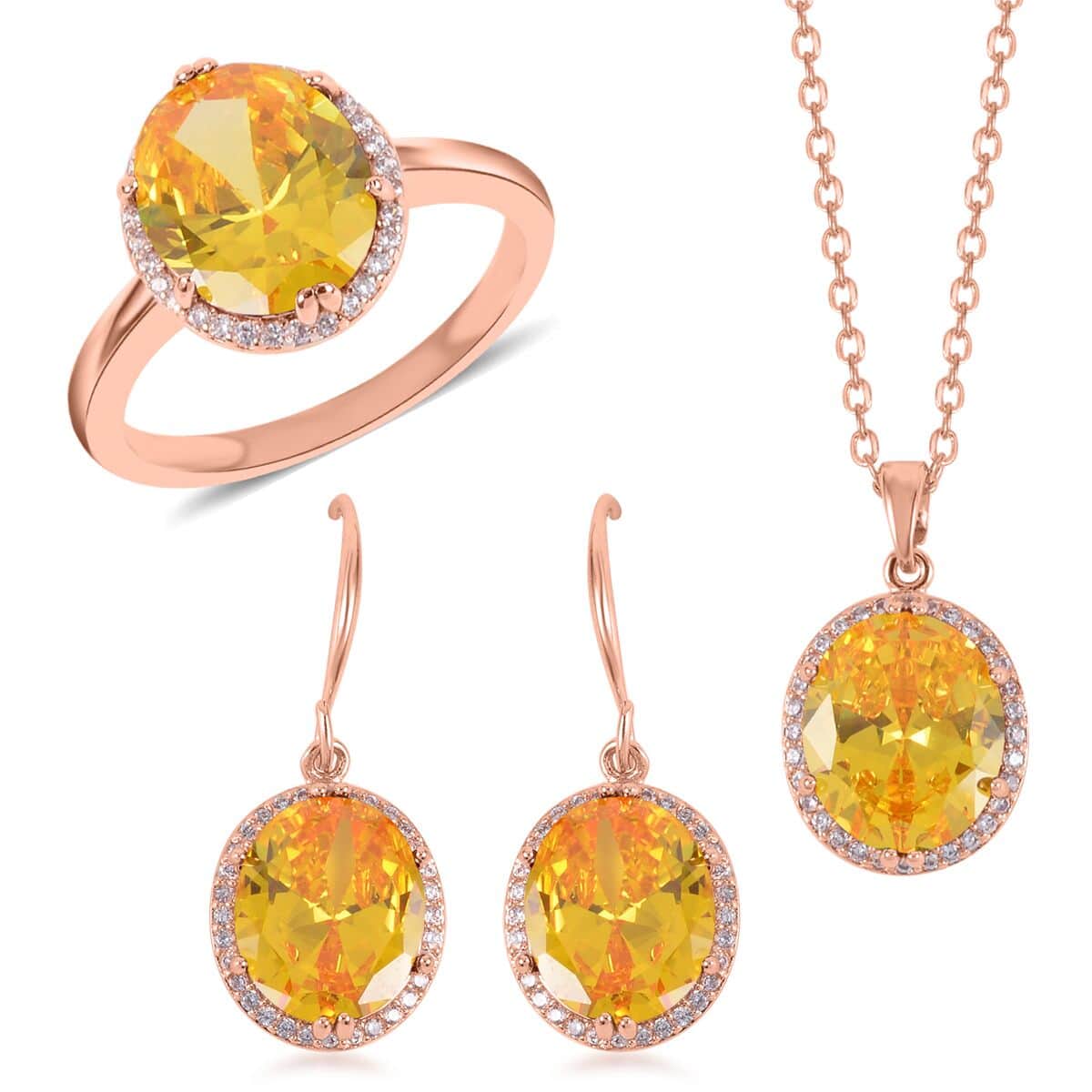 Simulated Yellow and White Diamond Earrings, Halo Ring (Size 6.0) and Pendant Necklace in Rosetone 20-22 Inches image number 0