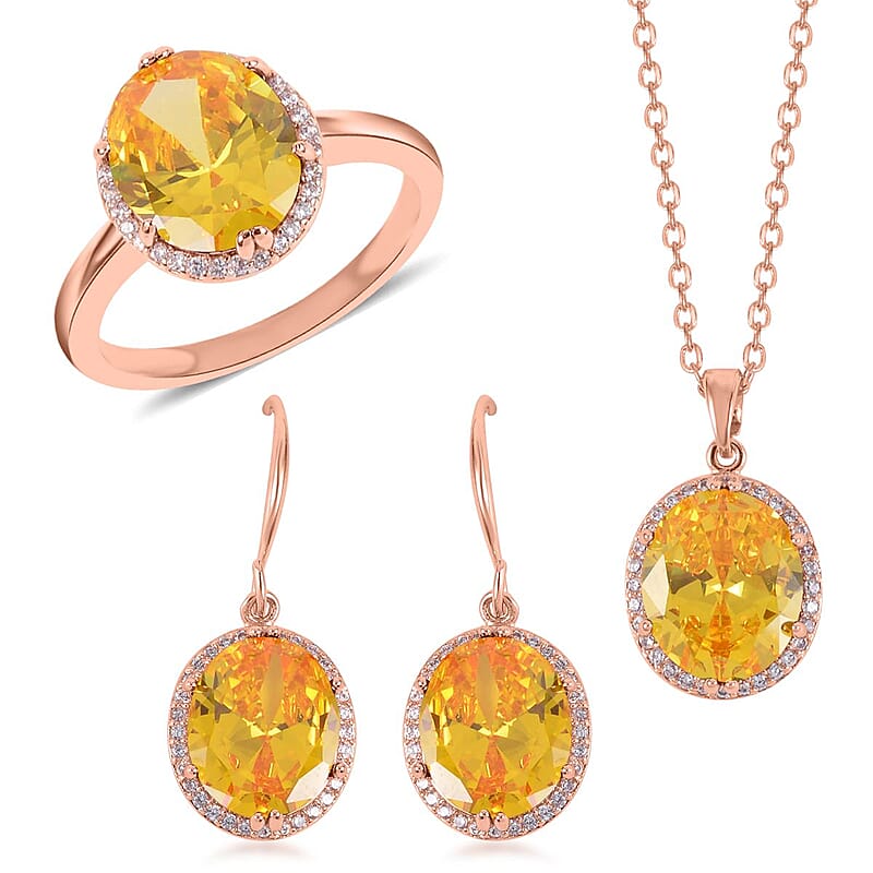 Simulated Yellow and White Diamond Earrings, Halo Ring (Size 6.0) and Pendant Necklace in Rosetone 20-22 Inches