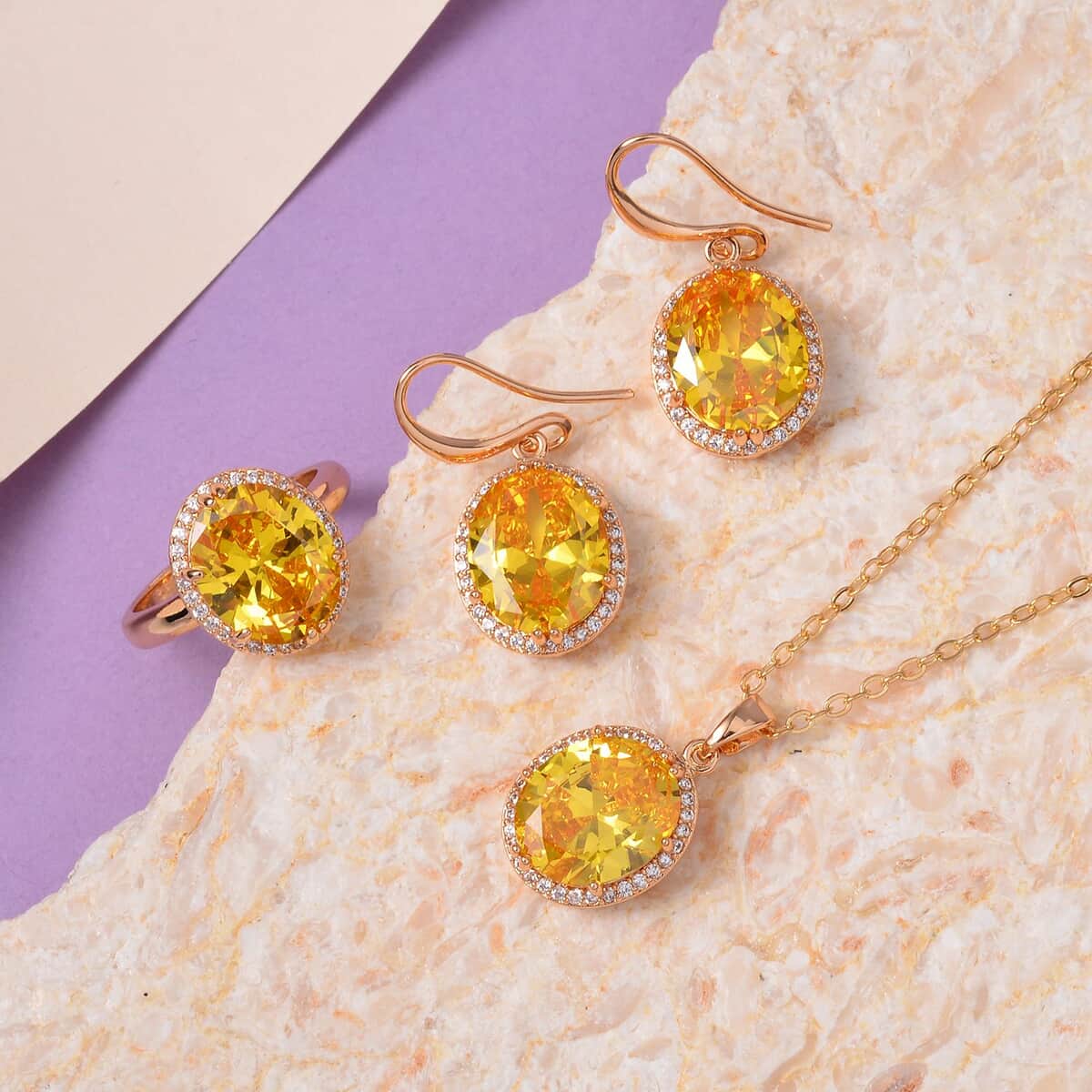 Simulated Yellow and White Diamond Earrings, Halo Ring (Size 6.0) and Pendant Necklace in Rosetone 20-22 Inches image number 1