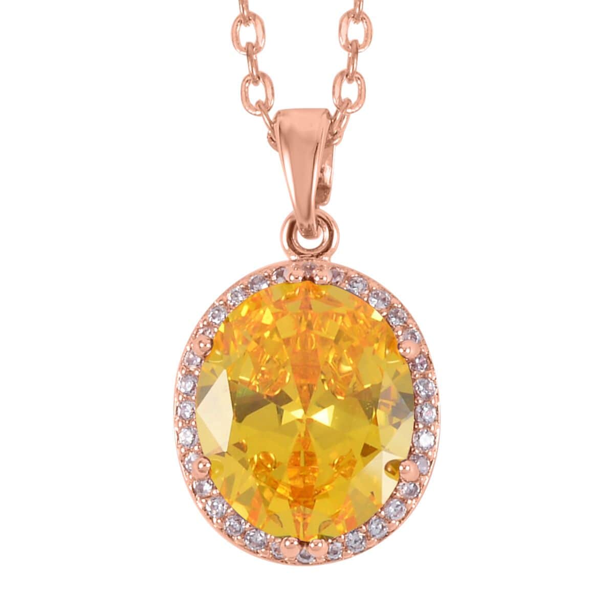 Simulated Yellow and White Diamond Earrings, Halo Ring (Size 6.0) and Pendant Necklace in Rosetone 20-22 Inches image number 5