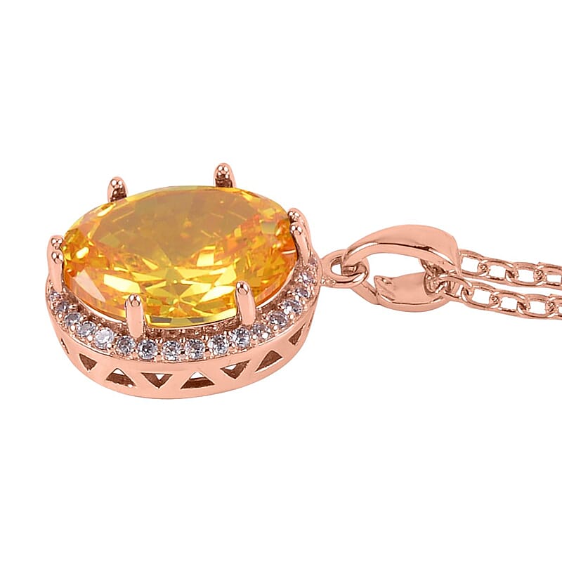 Simulated Yellow and White Diamond Earrings, Halo Ring (Size 6.0) and Pendant Necklace in Rosetone 20-22 Inches