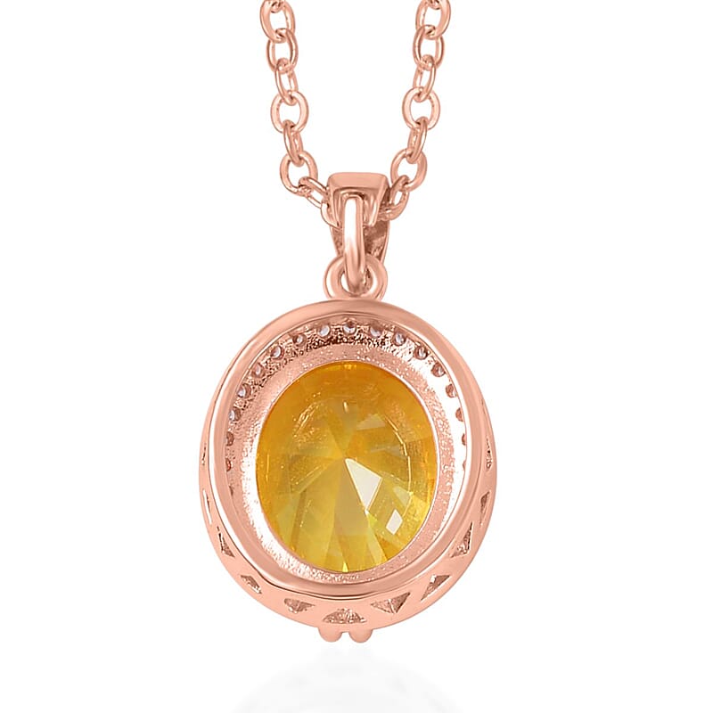 Simulated Yellow and White Diamond Earrings, Halo Ring (Size 6.0) and Pendant Necklace in Rosetone 20-22 Inches
