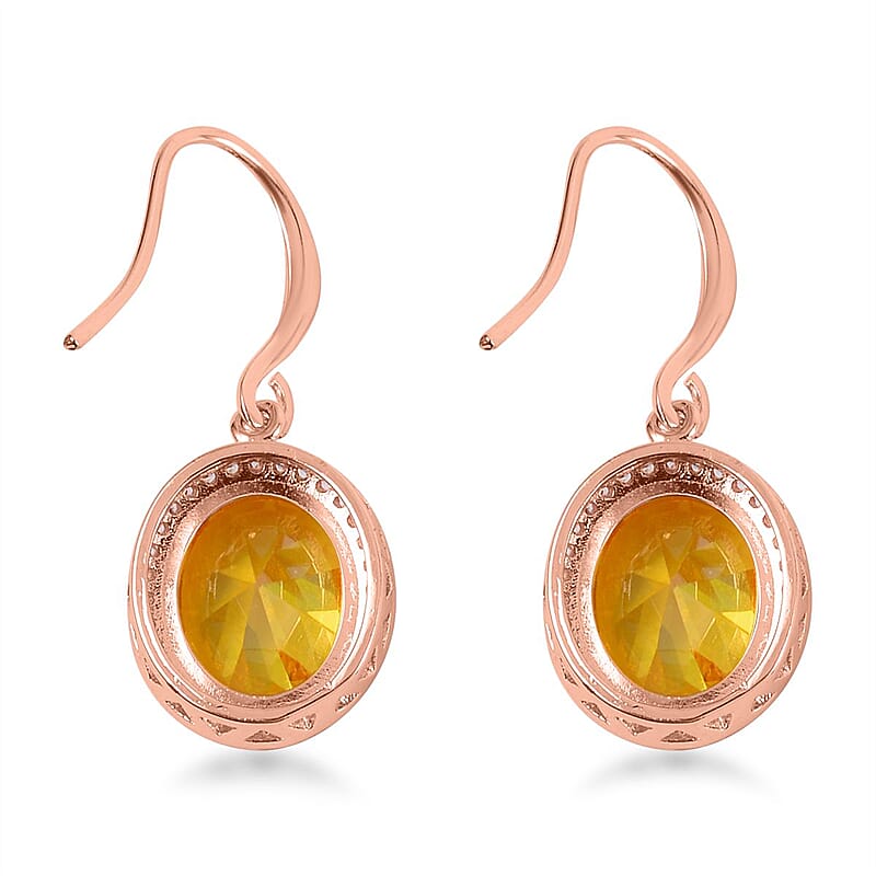 Simulated Yellow and White Diamond Earrings, Halo Ring (Size 6.0) and Pendant Necklace in Rosetone 20-22 Inches