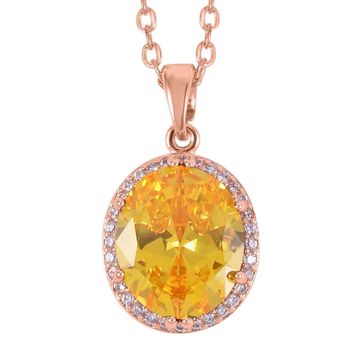 Simulated Yellow and White Diamond Earrings, Halo Ring (Size 7.0) and Pendant Necklace in Rosetone 20-22 Inches image number 5