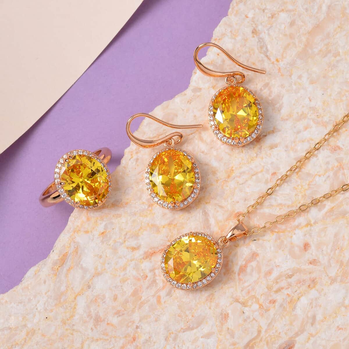 Simulated Yellow and White Diamond Earrings, Halo Ring (Size 8.0) and Pendant Necklace in Rosetone 20-22 Inches image number 1