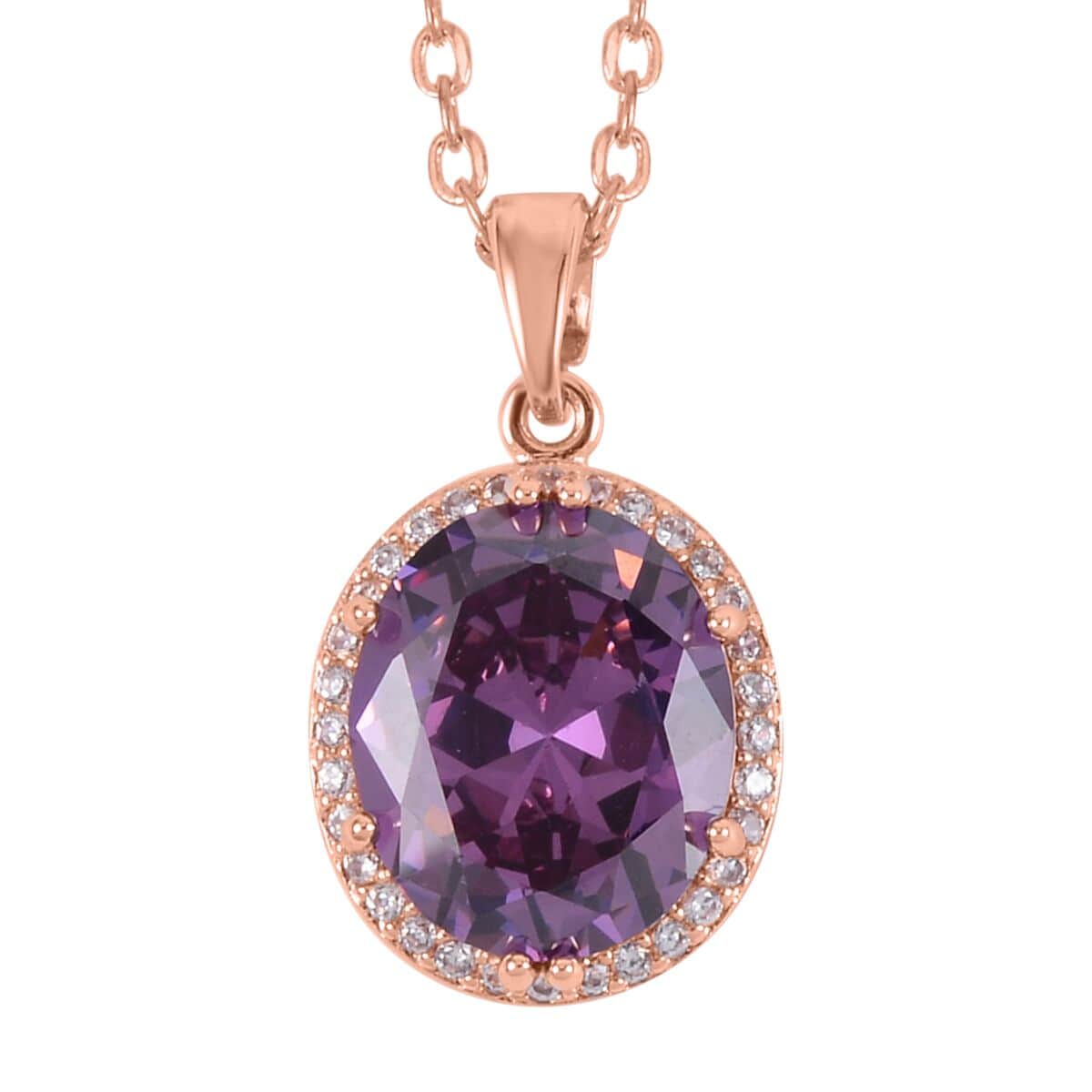 Simulated Amethyst Color and White Diamond Earrings, Halo Ring (Size 6.0) and Pendant Necklace 20-22 Inches in Rosetone image number 5