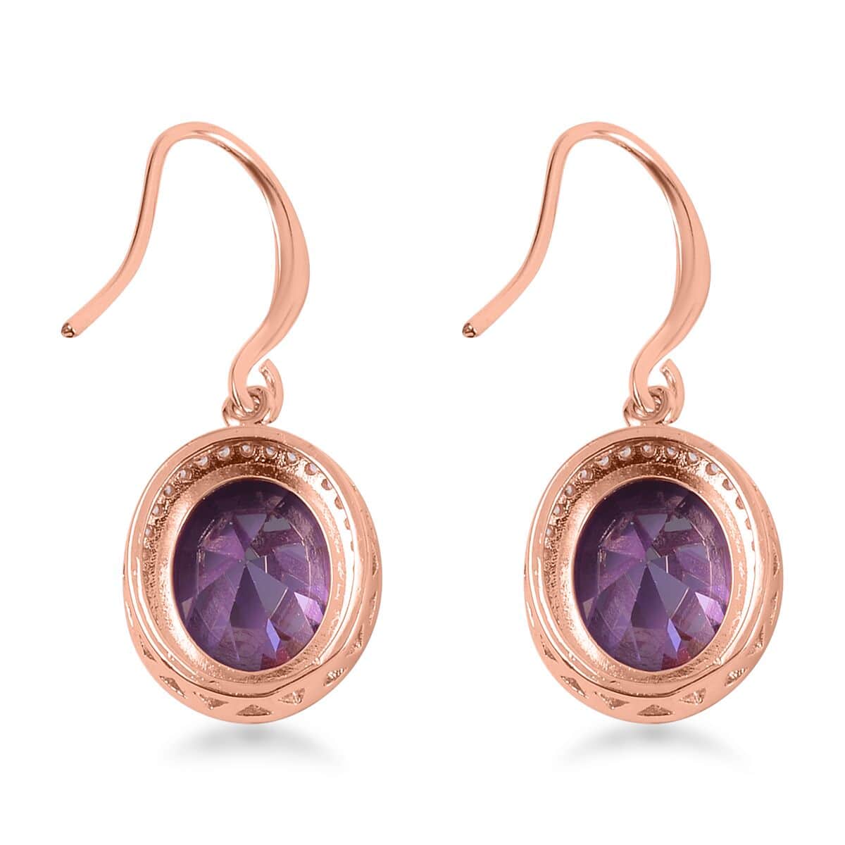 Simulated Amethyst Color and White Diamond Earrings, Halo Ring (Size 6.0) and Pendant Necklace 20-22 Inches in Rosetone image number 8