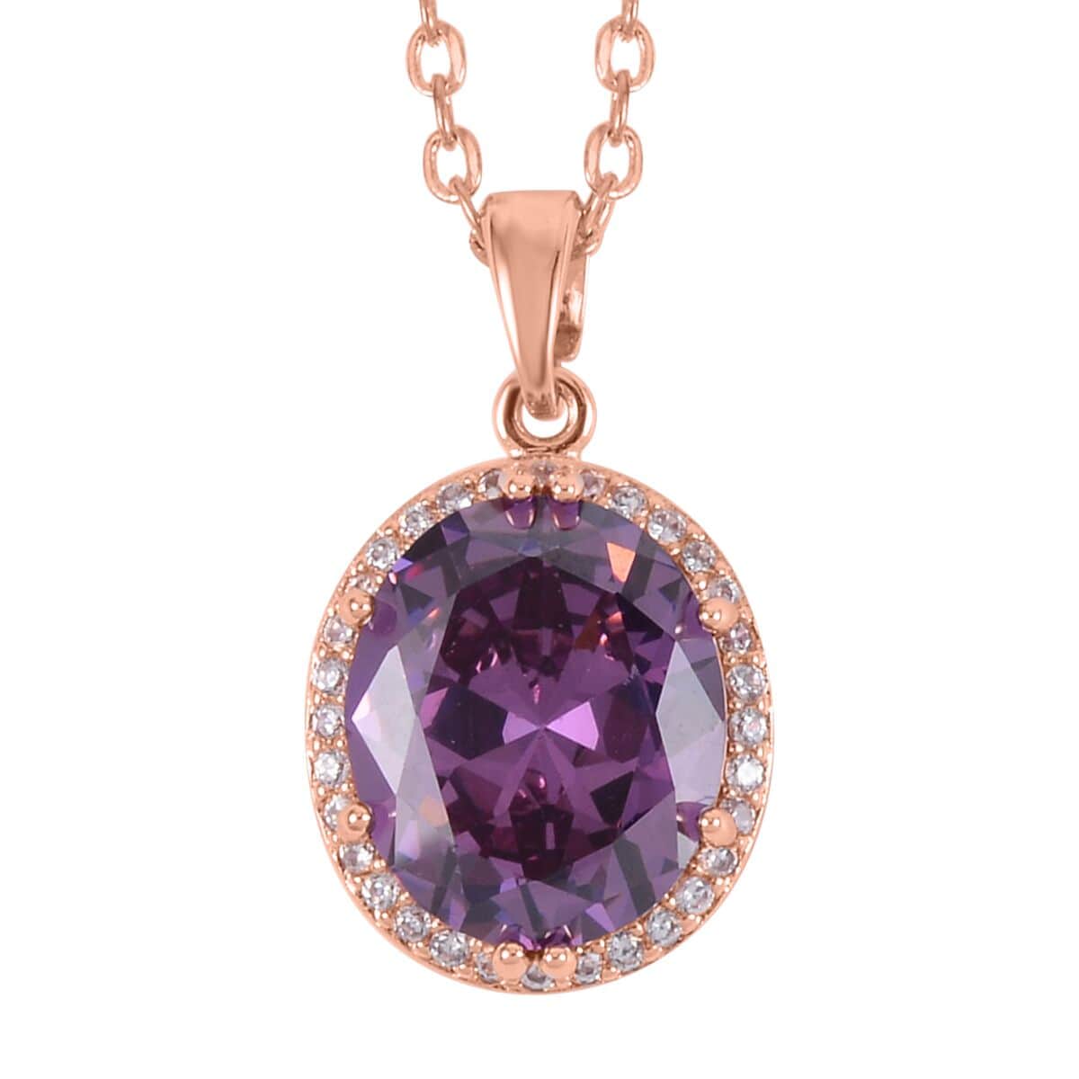 Simulated Amethyst Color and White Diamond Earrings, Halo Ring (Size 7.0) and Pendant Necklace in Rosetone 20-22 Inches image number 5
