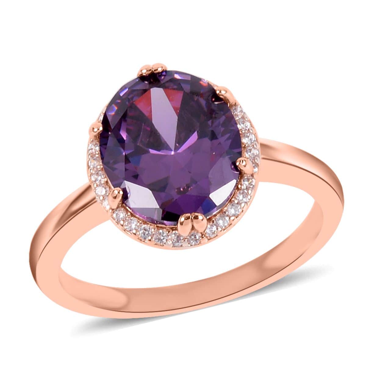 Simulated Amethyst Color and White Diamond Earrings, Halo Ring (Size 8.0) and Pendant Necklace in Rosetone 20-22 Inches image number 2