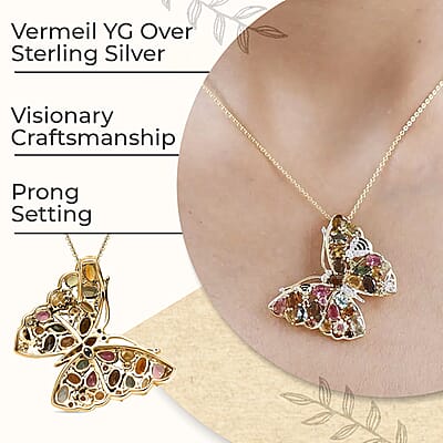 GP Trionfo Collection Premium Multi-Tourmaline Pendant Necklace,  Butterfly Pendant Necklace, White Zircon Accent Pendant Necklace, 20 Inch Necklace, Vermeil Yellow Gold Over Sterling Silver Pendant Necklace 4.80 ctw