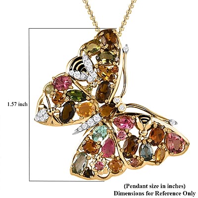 GP Trionfo Collection Premium Multi-Tourmaline Pendant Necklace,  Butterfly Pendant Necklace, White Zircon Accent Pendant Necklace, 20 Inch Necklace, Vermeil Yellow Gold Over Sterling Silver Pendant Necklace 4.80 ctw