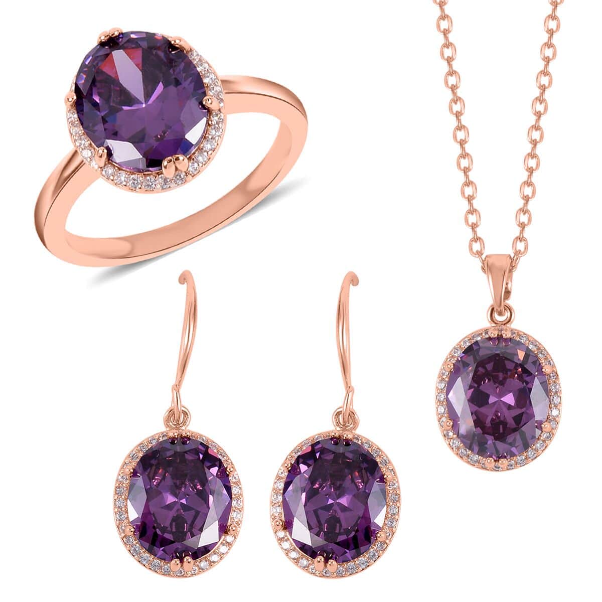 Simulated Amethyst Color and White Diamond Earrings, Halo Ring (Size 9.0) and Pendant Necklace in Rosetone 20-22 Inches image number 0