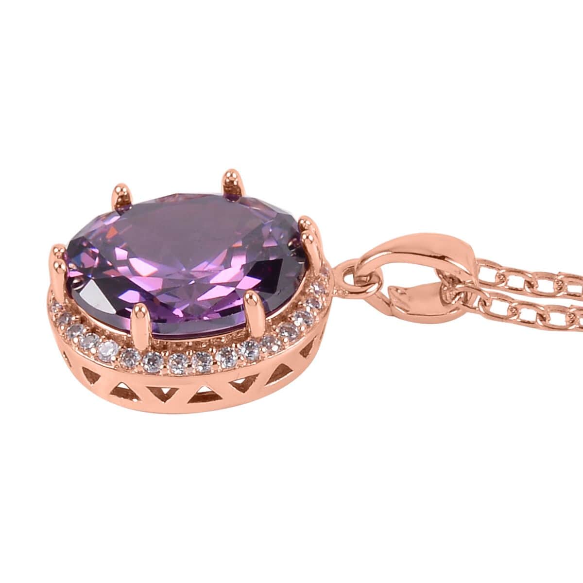 Simulated Amethyst Color and White Diamond Earrings, Halo Ring (Size 10.0) and Pendant Necklace in Rosetone 20-22 Inches image number 6