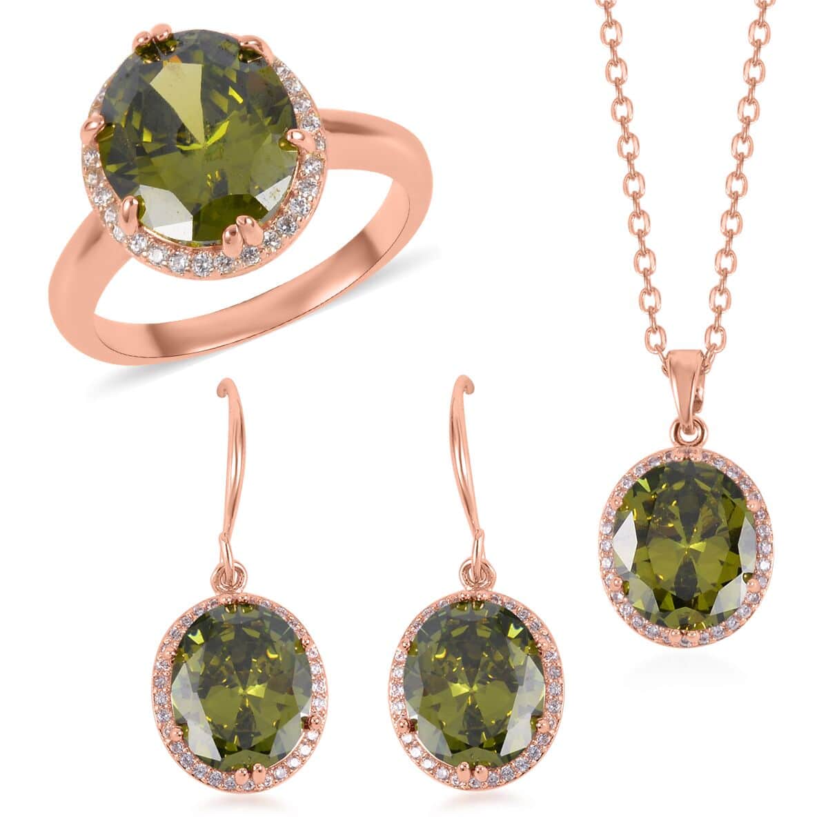 Simulated Peridot Color and White Diamond Earrings, Halo Ring (Size 6.0) and Pendant Necklace in Rosetone 20-22 Inches image number 0