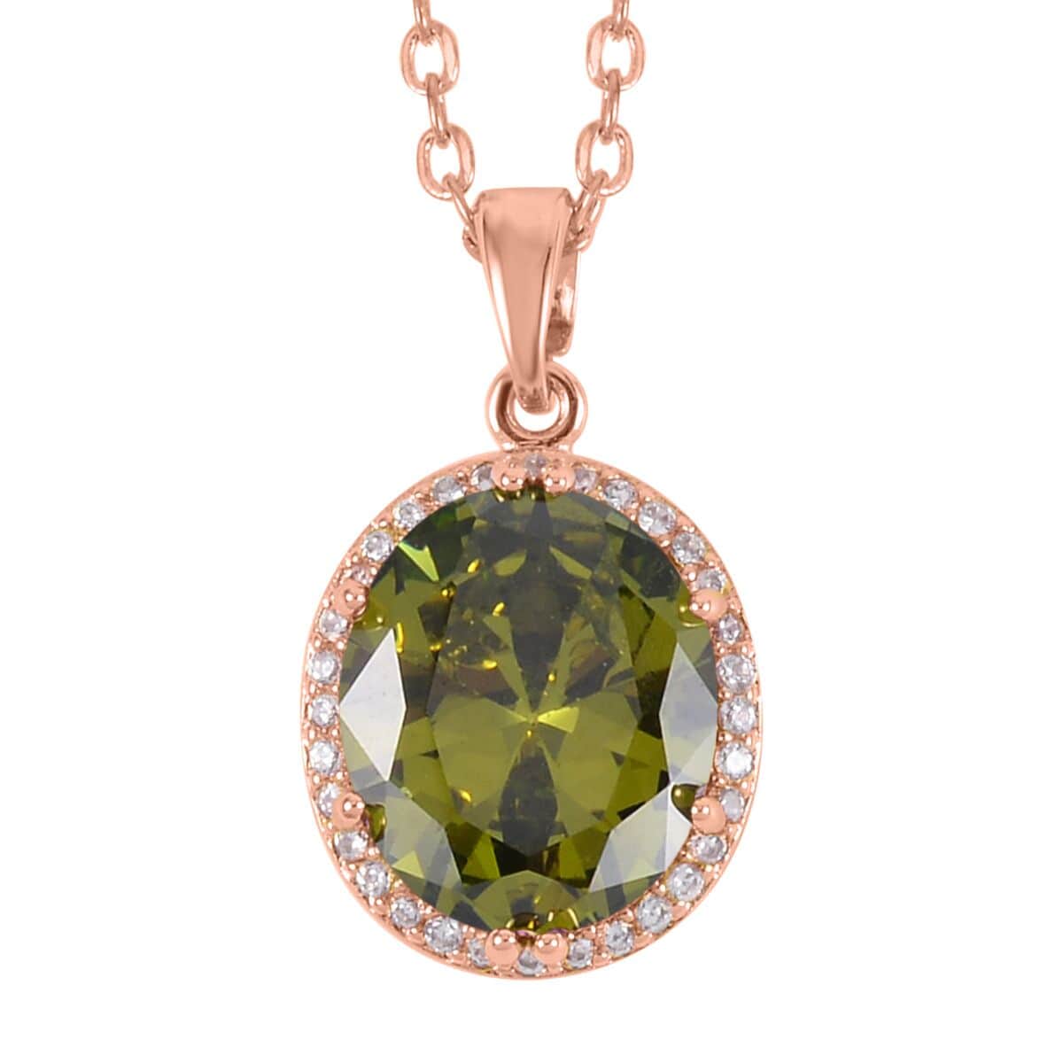 Simulated Peridot Color and White Diamond Earrings, Halo Ring (Size 6.0) and Pendant Necklace in Rosetone 20-22 Inches image number 5