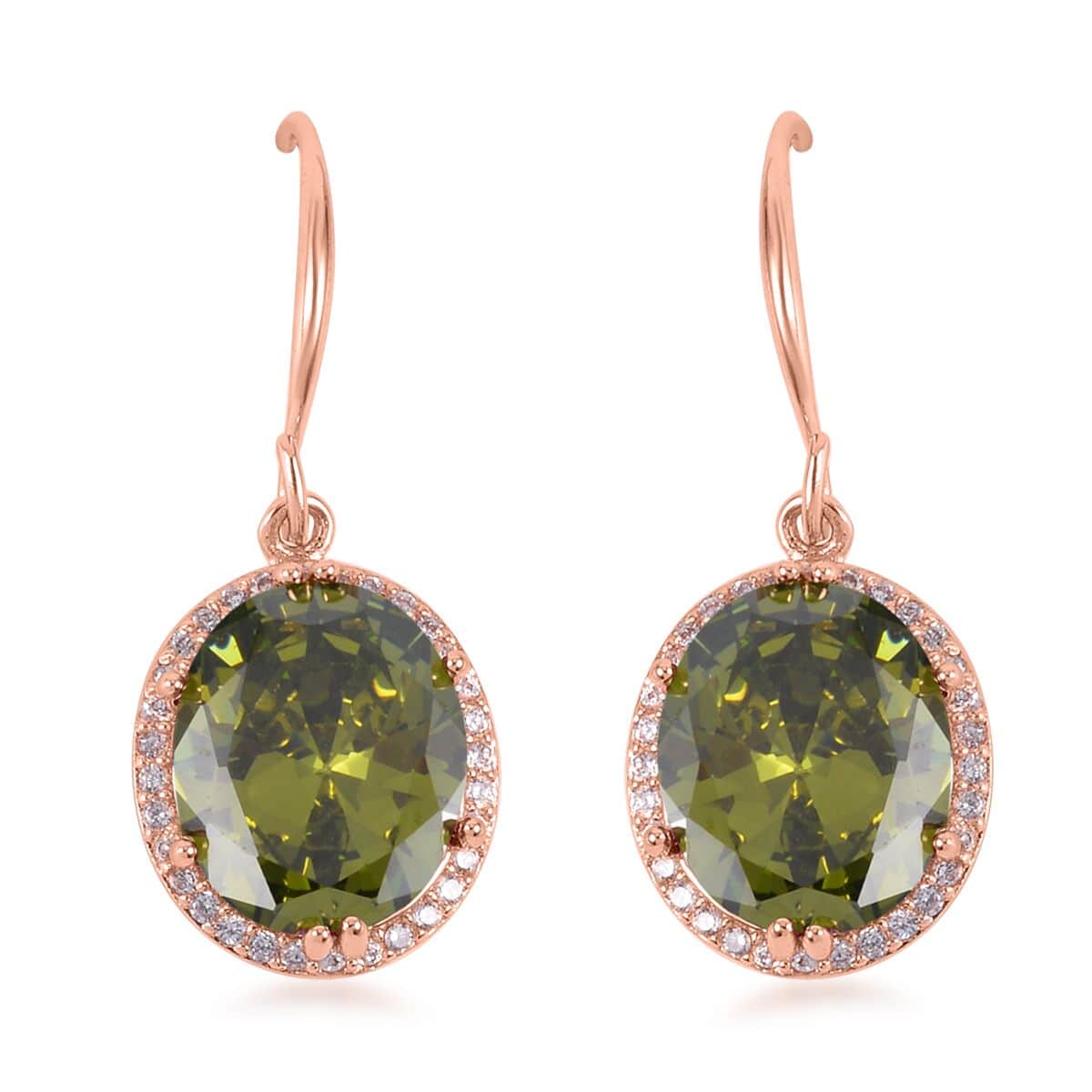 Simulated Peridot Color and White Diamond Earrings, Halo Ring (Size 6.0) and Pendant Necklace in Rosetone 20-22 Inches image number 8