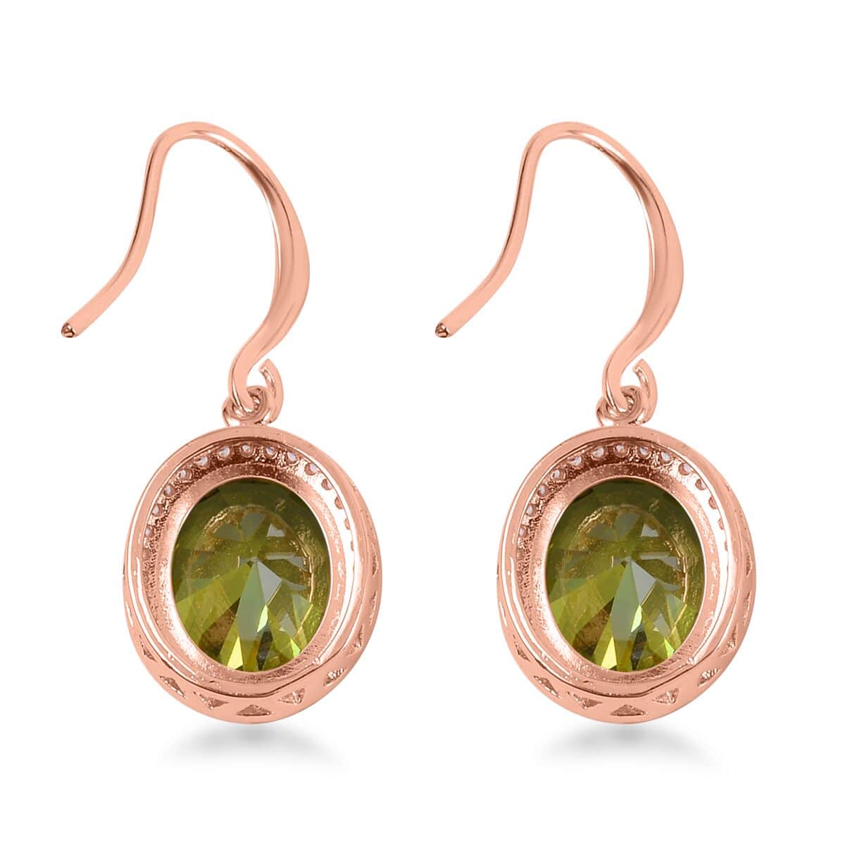 Simulated Peridot Color and White Diamond Earrings, Halo Ring (Size 6.0) and Pendant Necklace in Rosetone 20-22 Inches image number 9