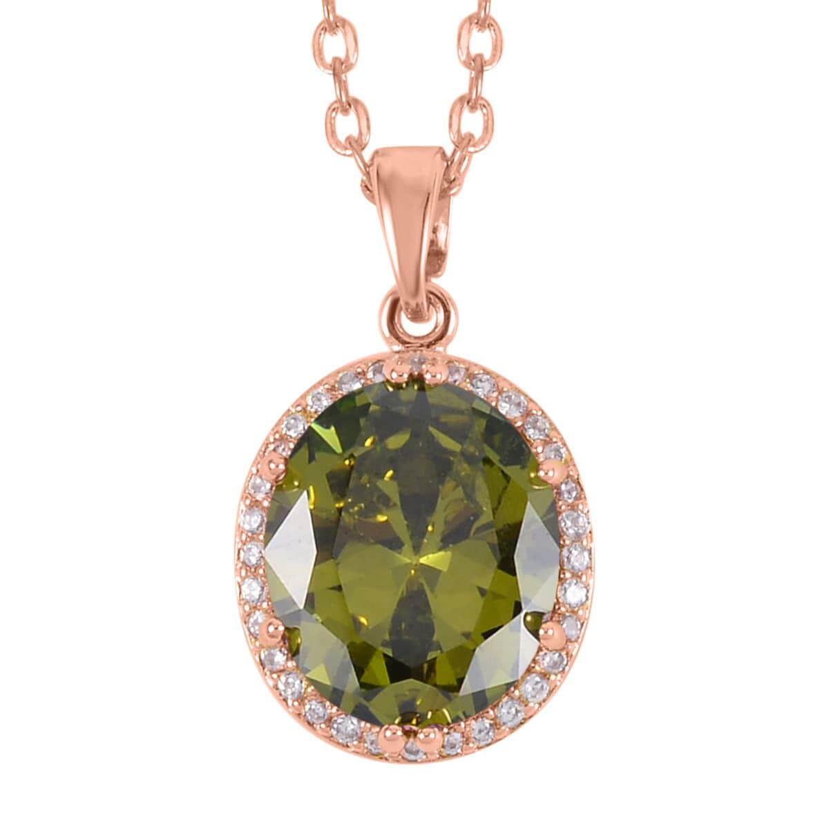 Simulated Peridot Color and White Diamond Earrings, Halo Ring (Size 7.0) and Pendant Necklace in Rosetone 20-22 Inches image number 5
