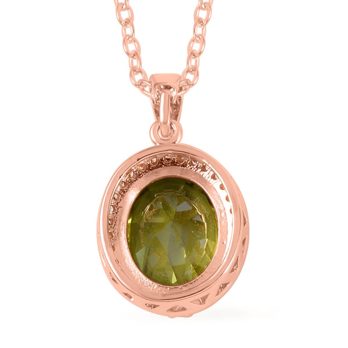 Simulated Peridot Color and White Diamond Earrings, Halo Ring (Size 7.0) and Pendant Necklace in Rosetone 20-22 Inches image number 7