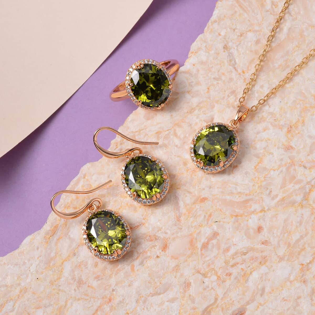 Simulated Peridot Color and White Diamond Earrings, Halo Ring (Size 10.0) and Pendant Necklace 20-22 Inches in Rosetone image number 1