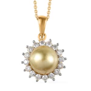 South Sea Golden Pearl and Moissanite Sunburst Pendant Necklace 20 Inches in Vermeil Yellow Gold Over Sterling Silver 0.50 ctw