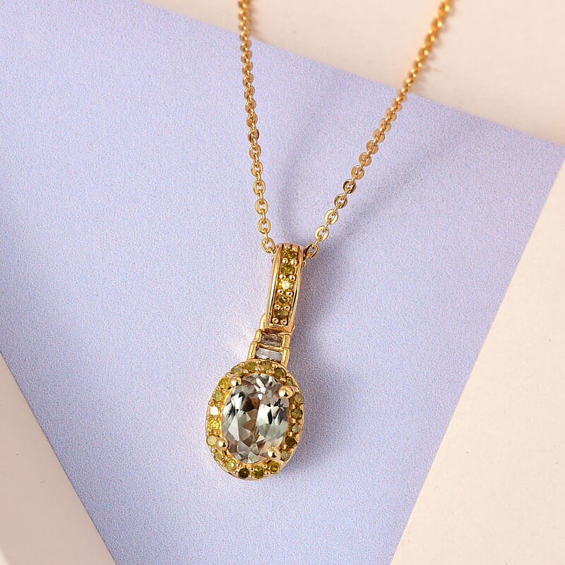 AAA Turkizite, Yellow and White Diamond Halo Pendant Necklace 20 Inches in Vermeil Yellow Gold Over Sterling Silver 1.00 ctw