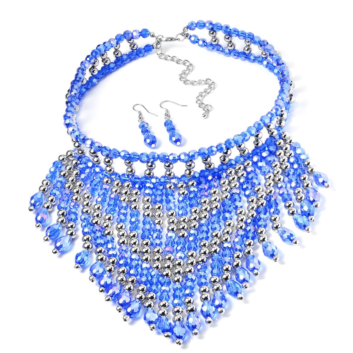 Sapphire Blue Glass, Resin Waterfall Necklace 16-20 Inches and Earrings in Silvertone & Stainless Steel image number 0