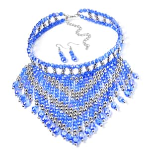 Sapphire Blue Glass, Resin Waterfall Necklace 16-20 Inches and Earrings in Silvertone & Stainless Steel