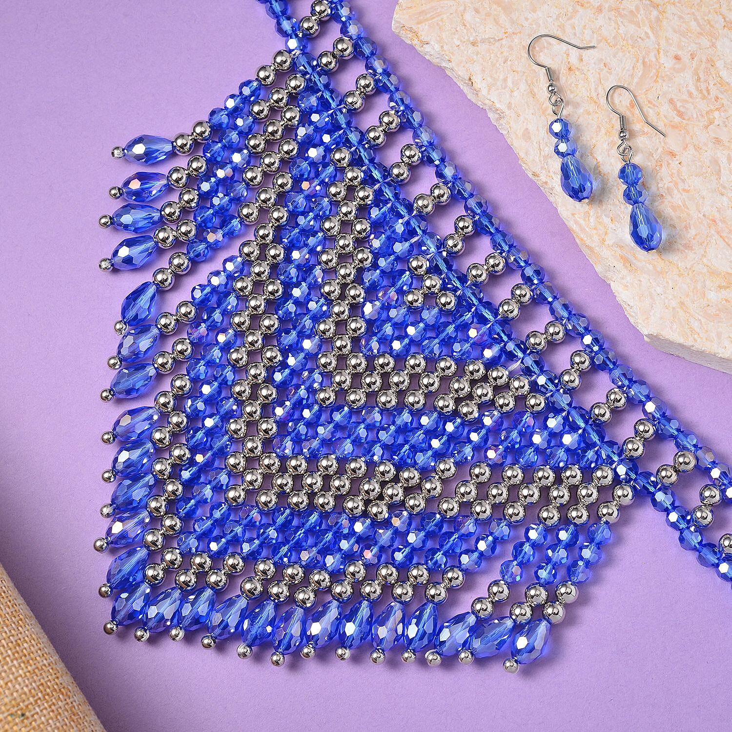 Sapphire Blue Glass, Resin Waterfall Necklace 16-20 Inches and Earrings in Silvertone & Stainless Steel