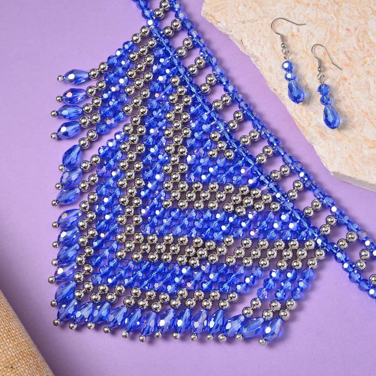 Sapphire Blue Glass, Resin Waterfall Necklace 16-20 Inches and Earrings in Silvertone & Stainless Steel image number 1