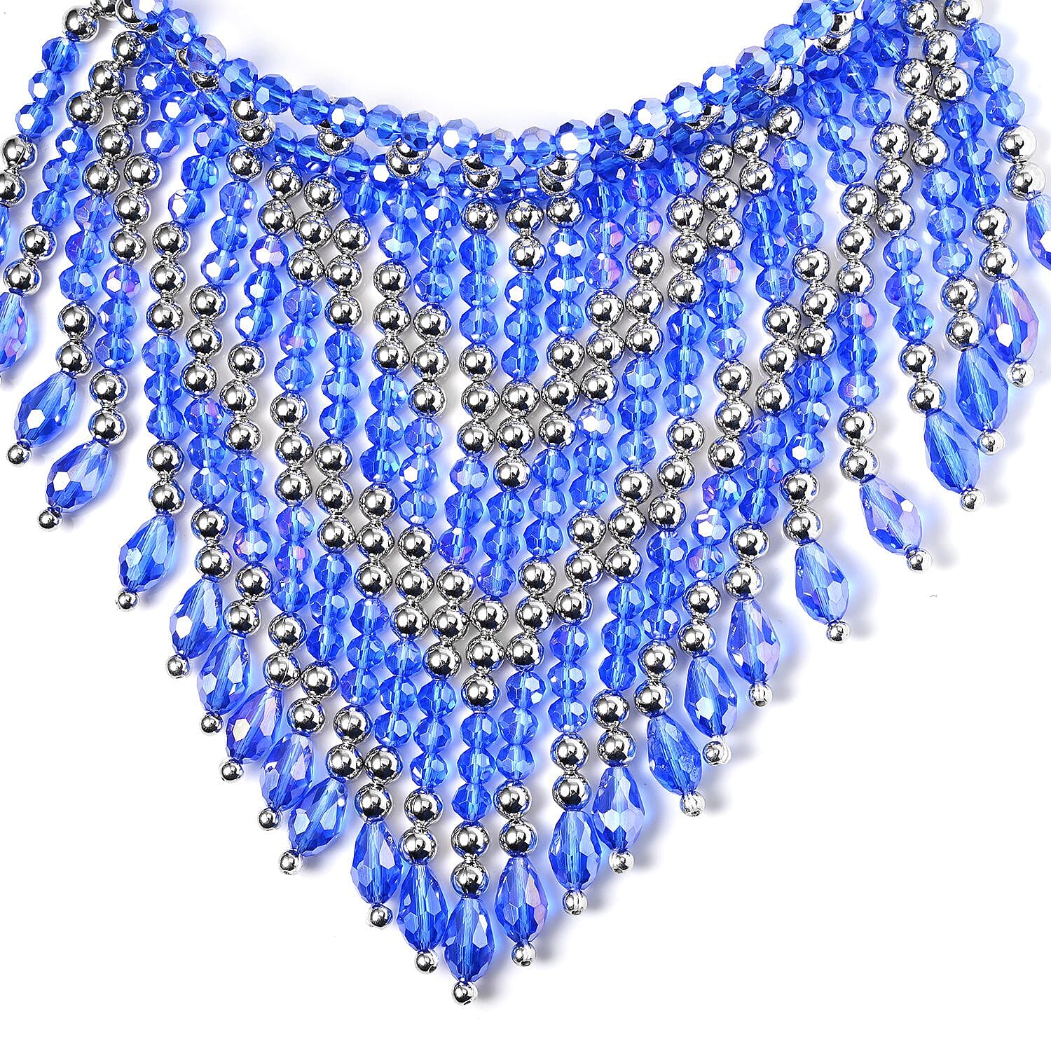 Sapphire Blue Glass, Resin Waterfall Necklace 16-20 Inches and Earrings in Silvertone & Stainless Steel