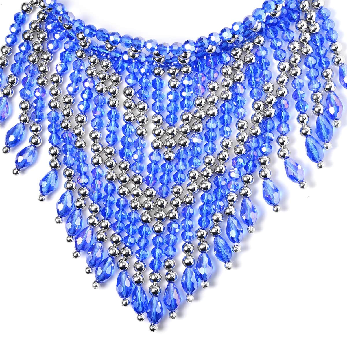 Sapphire Blue Glass, Resin Waterfall Necklace 16-20 Inches and Earrings in Silvertone & Stainless Steel image number 2