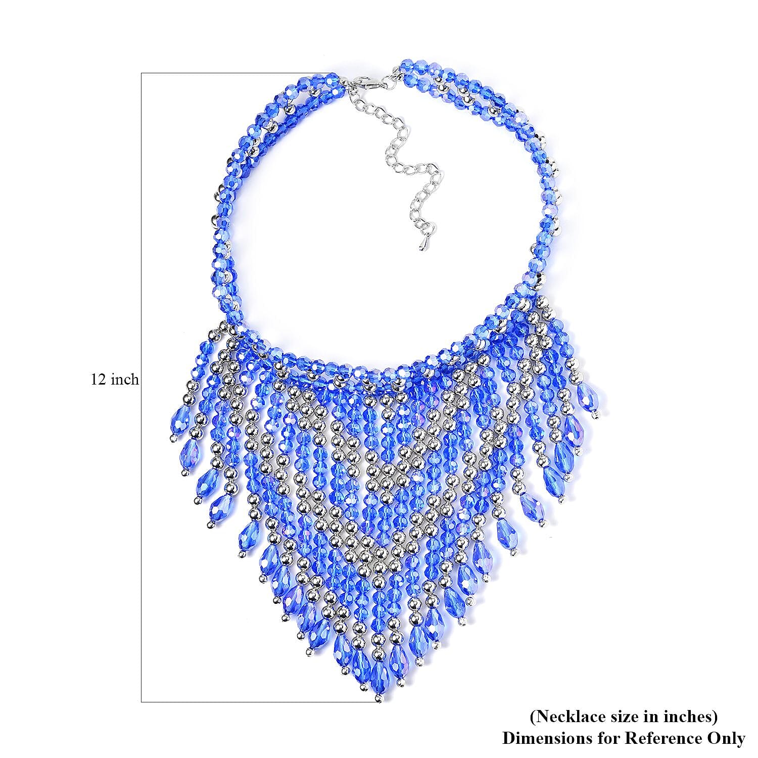 Sapphire Blue Glass, Resin Waterfall Necklace 16-20 Inches and Earrings in Silvertone & Stainless Steel